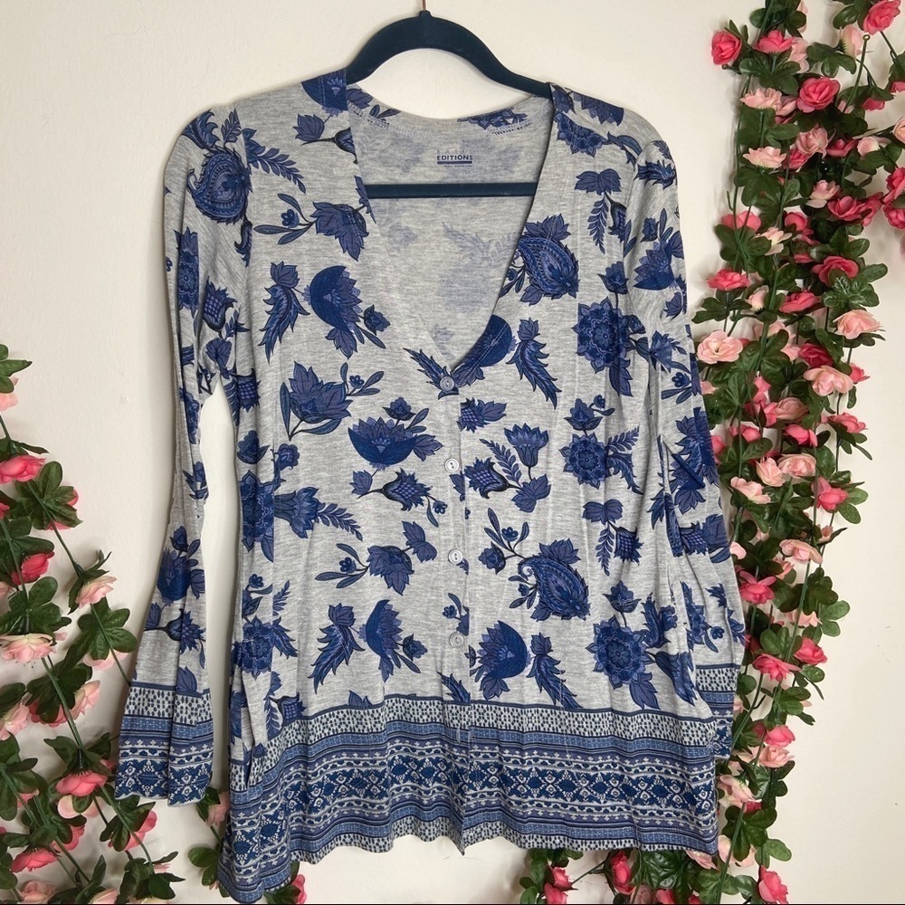 Basic Editions Blue Gray Floral Cardigan Womens S